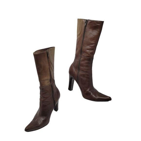 Vintage Charles David Brown Leather Knee-High Heeled Boots Sz 5.5 Italy Ombre - Picture 1 of 12
